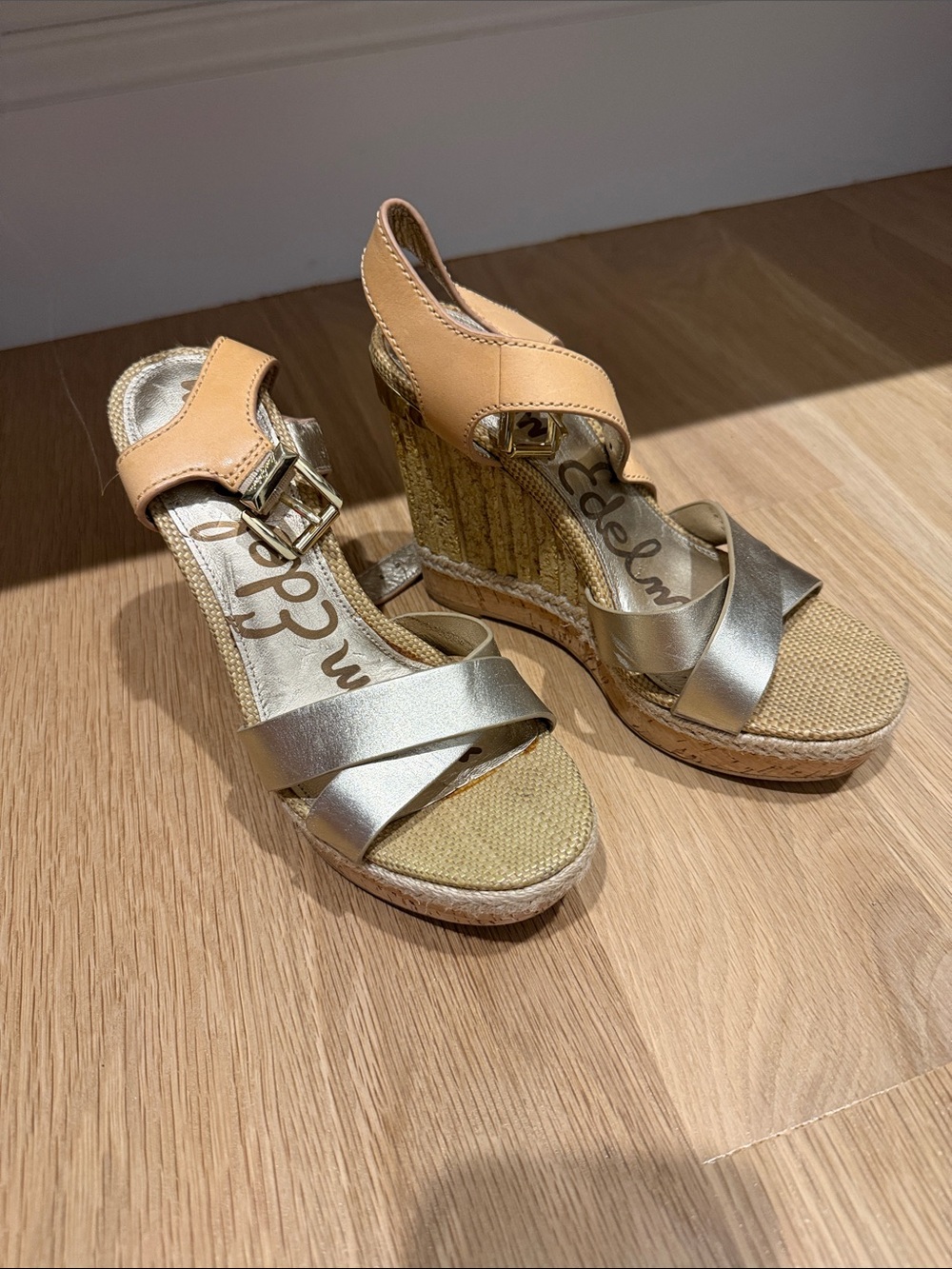 Sam Edelman Metallic Gold & Tan Wedge Sandals